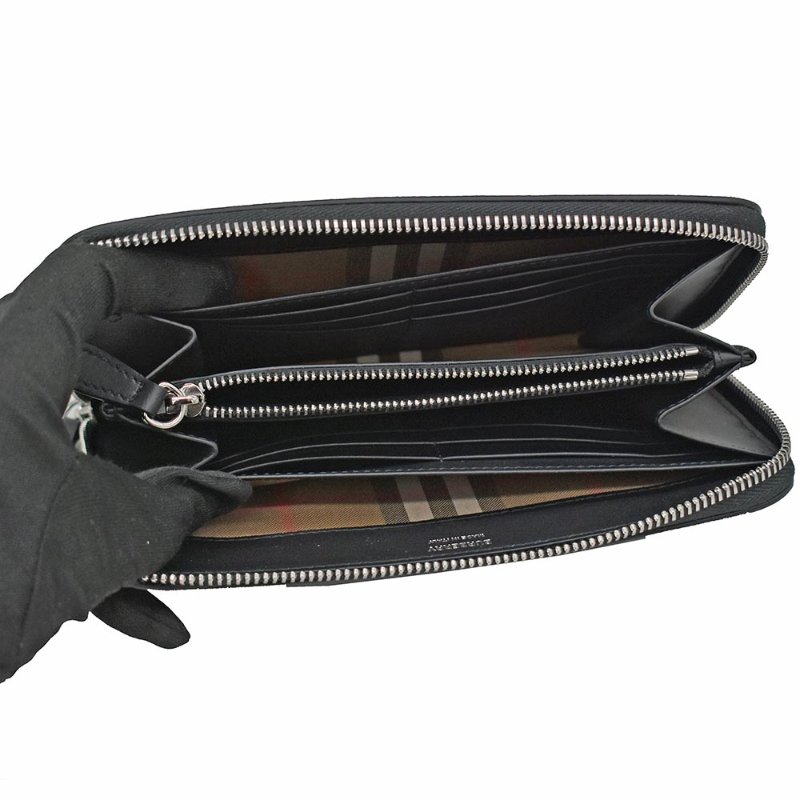 【門市全新現貨】BURBERRY 牛皮燙印LOGO牛皮內裏格紋拉鍊長夾皮夾(附原廠防塵袋)-2