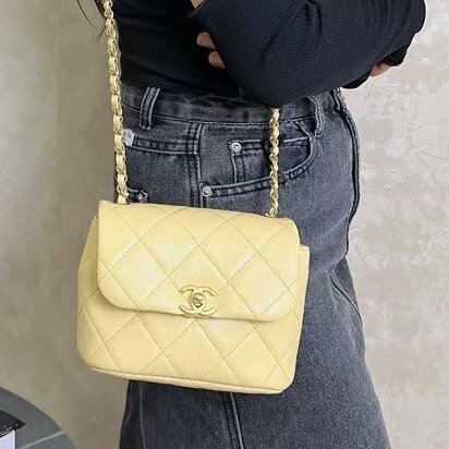 Chanel cf方胖子 芯片款 小雞黃 金扣 荔枝皮 17*14*7 99新配件塵袋