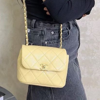 Chanel cf方胖子 芯片款 小雞黃 金扣 荔枝皮 17*14*7 99新配件塵袋-0