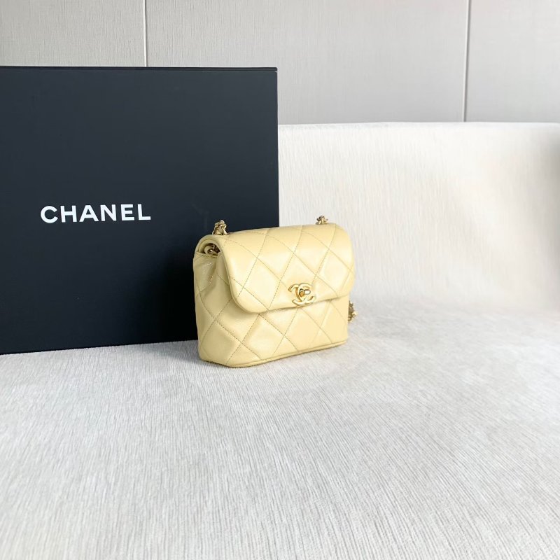 Chanel cf方胖子 芯片款 小雞黃 金扣 荔枝皮 17*14*7 99新配件塵袋-5