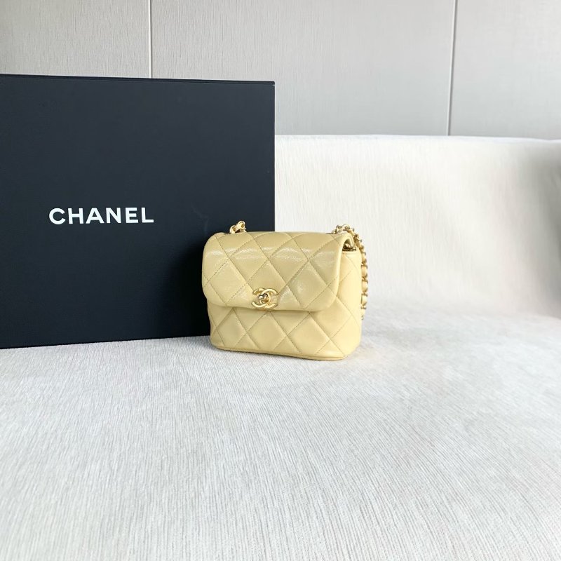 Chanel cf方胖子 芯片款 小雞黃 金扣 荔枝皮 17*14*7 99新配件塵袋-6