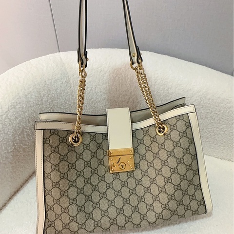 古馳 Gucci Padlock中號托特包 經典老花配色 白色皮革拼接