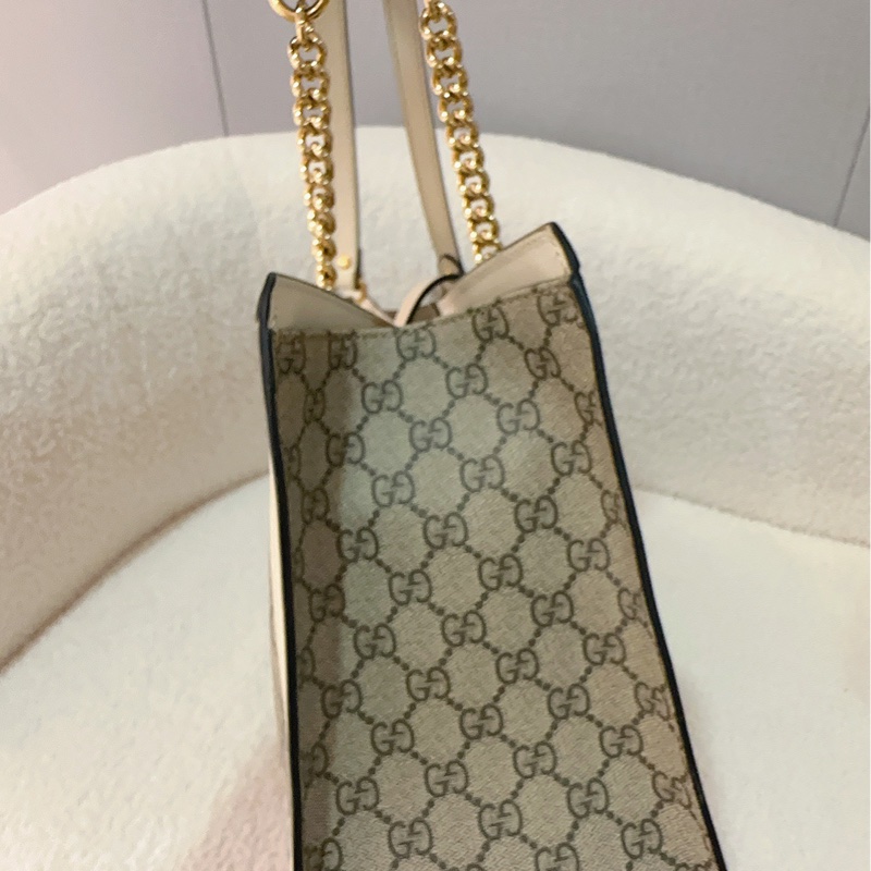 古馳 Gucci Padlock中號托特包 經典老花配色 白色皮革拼接-4