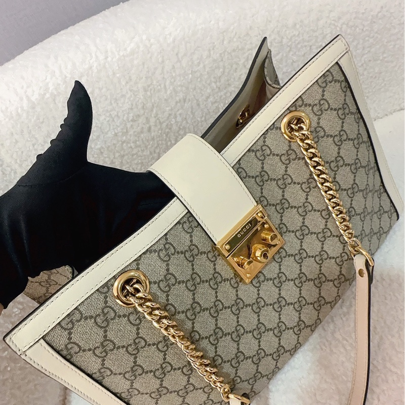 古馳 Gucci Padlock中號托特包 經典老花配色 白色皮革拼接-6