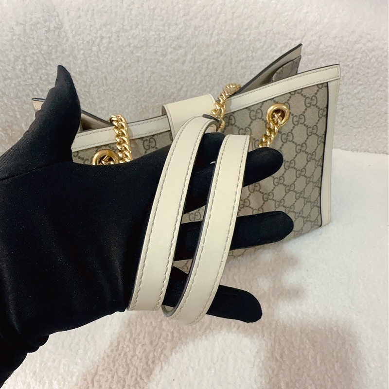 古馳 Gucci Padlock中號托特包 經典老花配色 白色皮革拼接-7