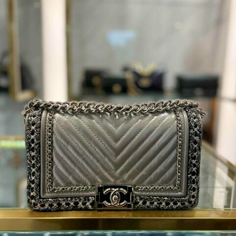 CHANEL 皮穿鏈造型BOY25鏈包 銀色