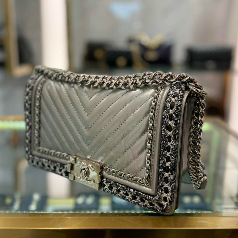 CHANEL 皮穿鏈造型BOY25鏈包 銀色-2