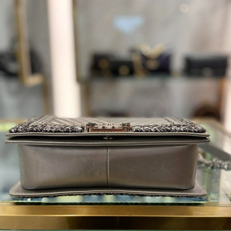 CHANEL 皮穿鏈造型BOY25鏈包 銀色-3