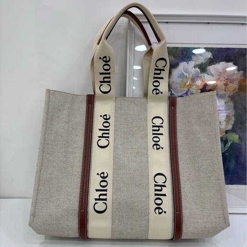 Chloé/蔻依 Woody Logo印花亞麻帆布拼小牛皮帆 tote 大號 少見的大號尺寸 size：43.5*32*12cm