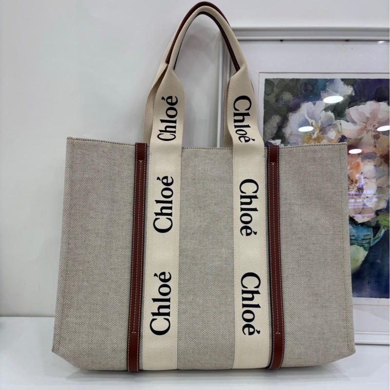 Chloé/蔻依 Woody Logo印花亞麻帆布拼小牛皮帆 tote 大號 少見的大號尺寸 size：43.5*32*12cm-1
