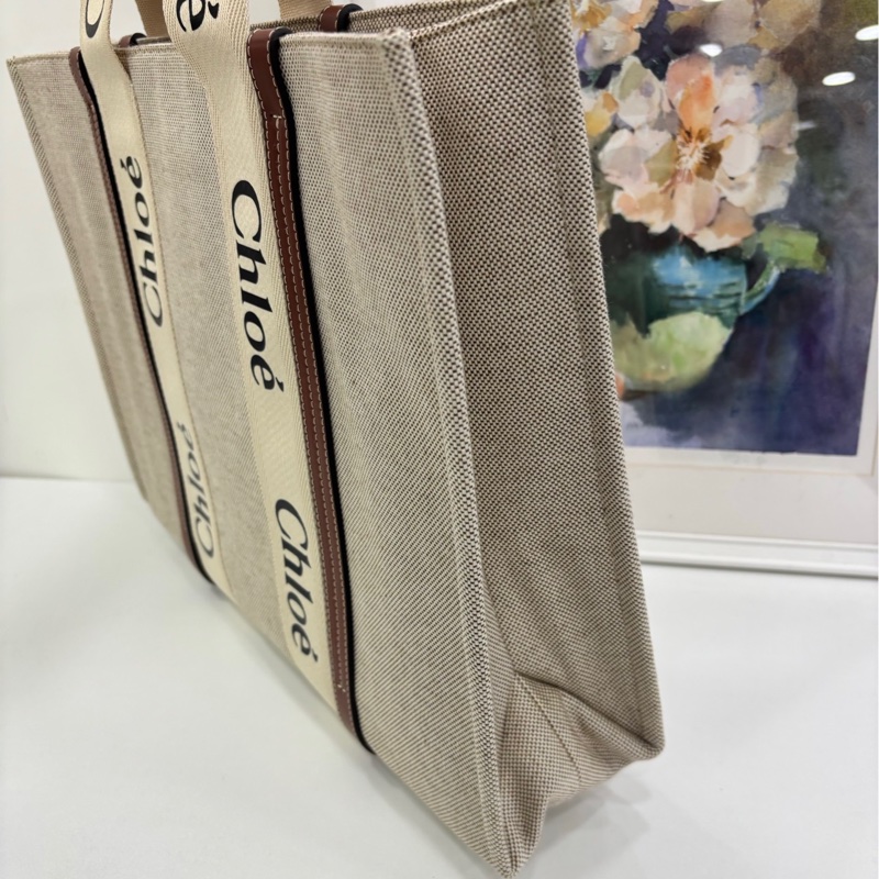 Chloé/蔻依 Woody Logo印花亞麻帆布拼小牛皮帆 tote 大號 少見的大號尺寸 size：43.5*32*12cm-2