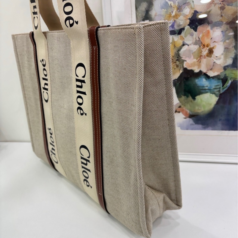 Chloé/蔻依 Woody Logo印花亞麻帆布拼小牛皮帆 tote 大號 少見的大號尺寸 size：43.5*32*12cm-3