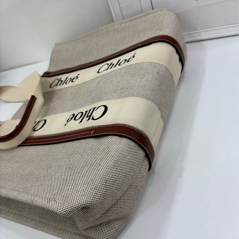 Chloé/蔻依 Woody Logo印花亞麻帆布拼小牛皮帆 tote 大號 少見的大號尺寸 size：43.5*32*12cm-4