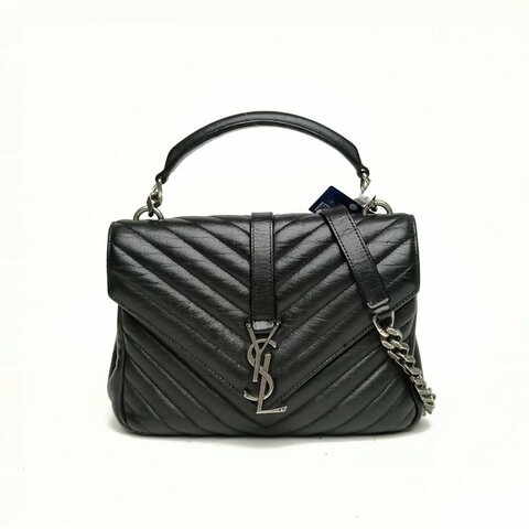 SAINT LAURENT College郵差包中號24黑色羊皮銀扣肩背包