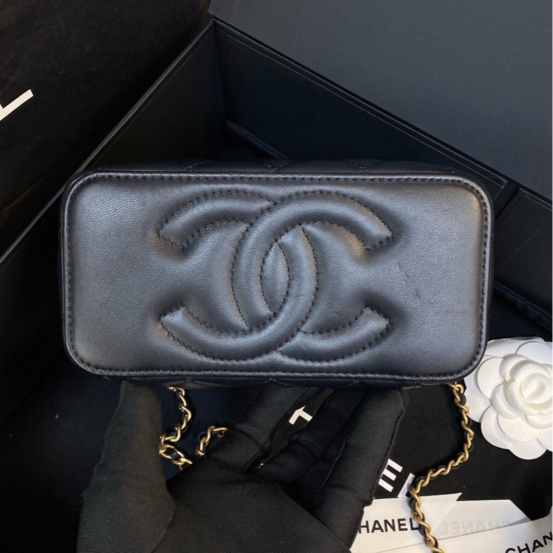 98新✨Chanel /香奈兒黑金菱格盒子包 黑色羊皮+金色鏈條 藤條編織手柄-4