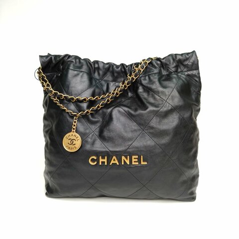 CHANEL 22BagTote托特包中號黑色牛皮晶片金扣肩背包