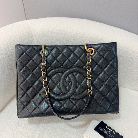 Chanel香奈兒GST黑銀荔枝牛皮tote單肩包  尺寸：34*23 很經典的款式 16開