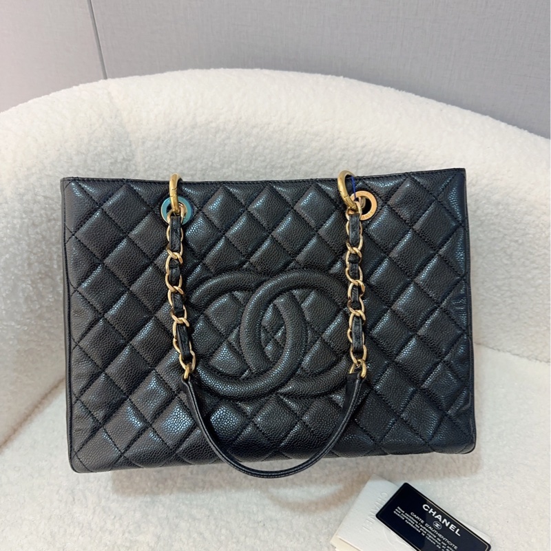 Chanel香奈兒GST黑銀荔枝牛皮tote單肩包  尺寸：34*23 很經典的款式 16開-0