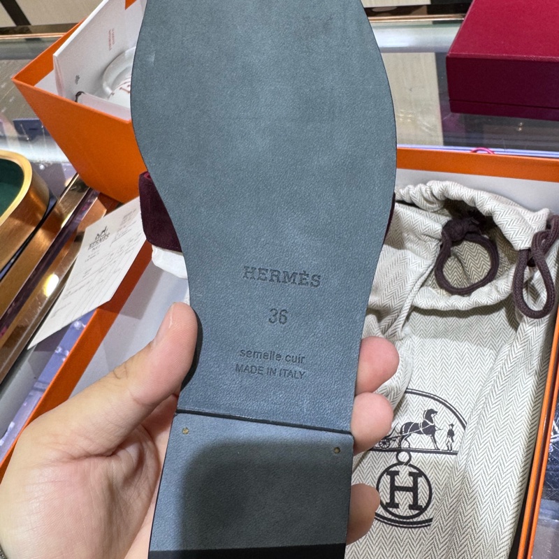 Hermes愛馬仕 麂皮粉色拼酒紅色拼色H拖鞋 36碼-2