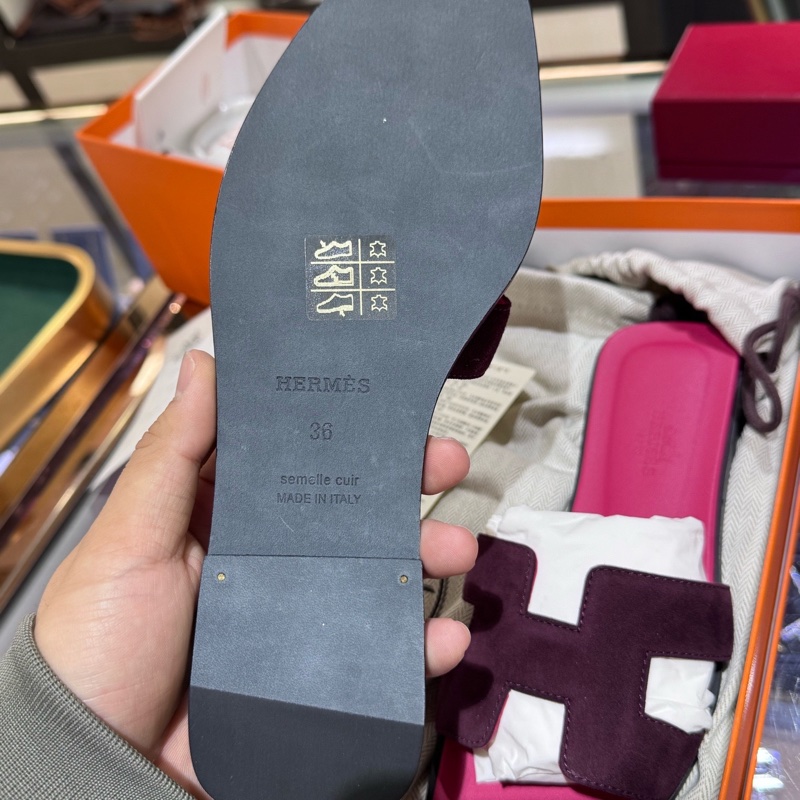 Hermes愛馬仕 麂皮粉色拼酒紅色拼色H拖鞋 36碼-7