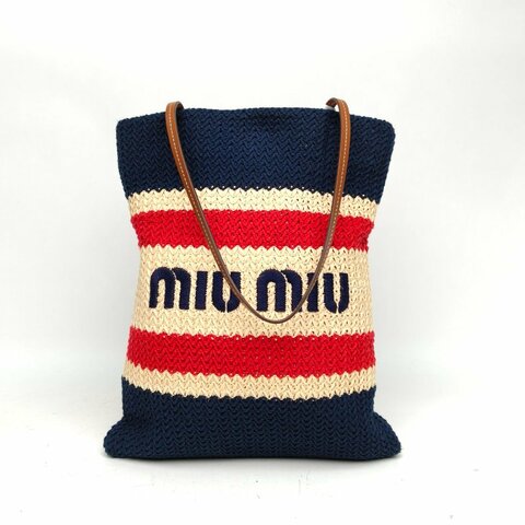 MIU MIU 拼色針織草編金扣拉菲草條紋托特包肩背包