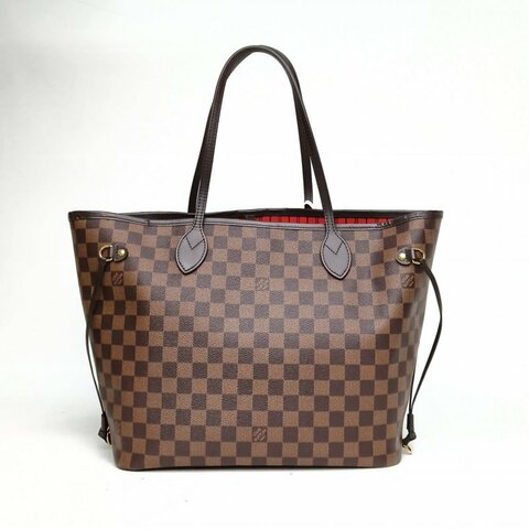 LOUIS VUITTON Neverfull中號31棕色棋盤格PVC金扣晶片肩背包