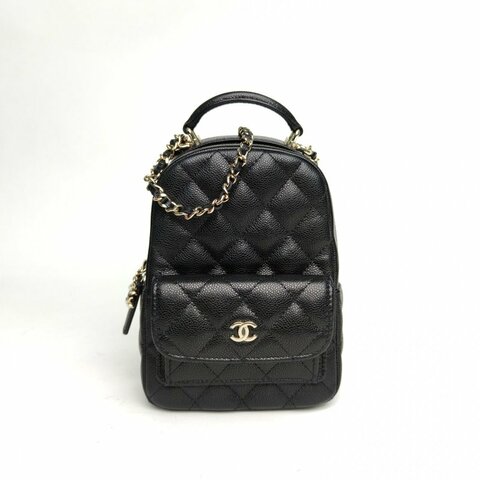 CHANEL 手提前口袋雙肩包黑色荔枝牛皮鐳射標淺金扣肩背包