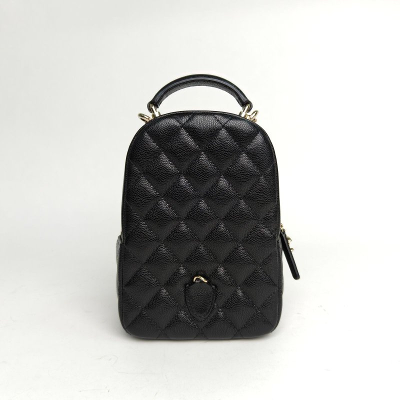 CHANEL 手提前口袋雙肩包黑色荔枝牛皮鐳射標淺金扣肩背包-2