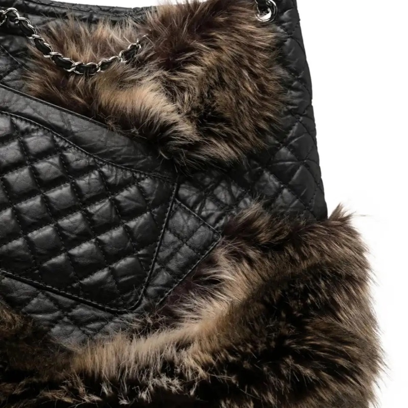 Chanel 09–10 黑色小牛皮拼仿毛 春季 復古y2k 肩背托特包 鎖肩背包-5