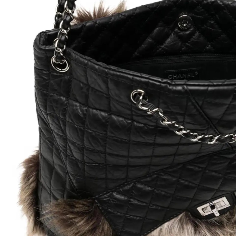 Chanel 09–10 黑色小牛皮拼仿毛 春季 復古y2k 肩背托特包 鎖肩背包-7