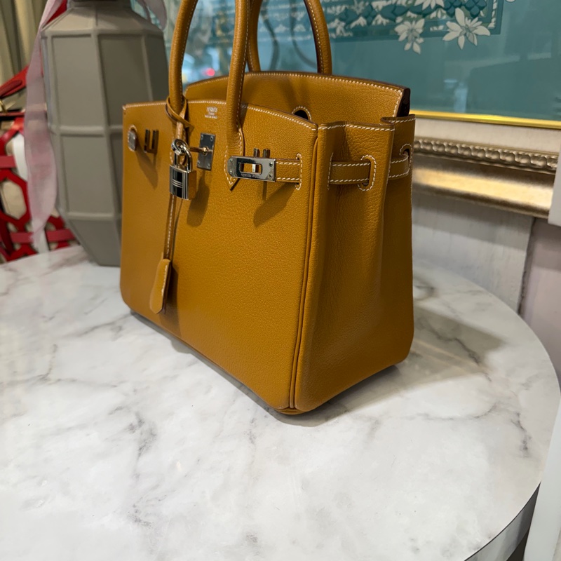 Hermes 黃褐色山羊皮Birkin25銀釦手提柏金包-1