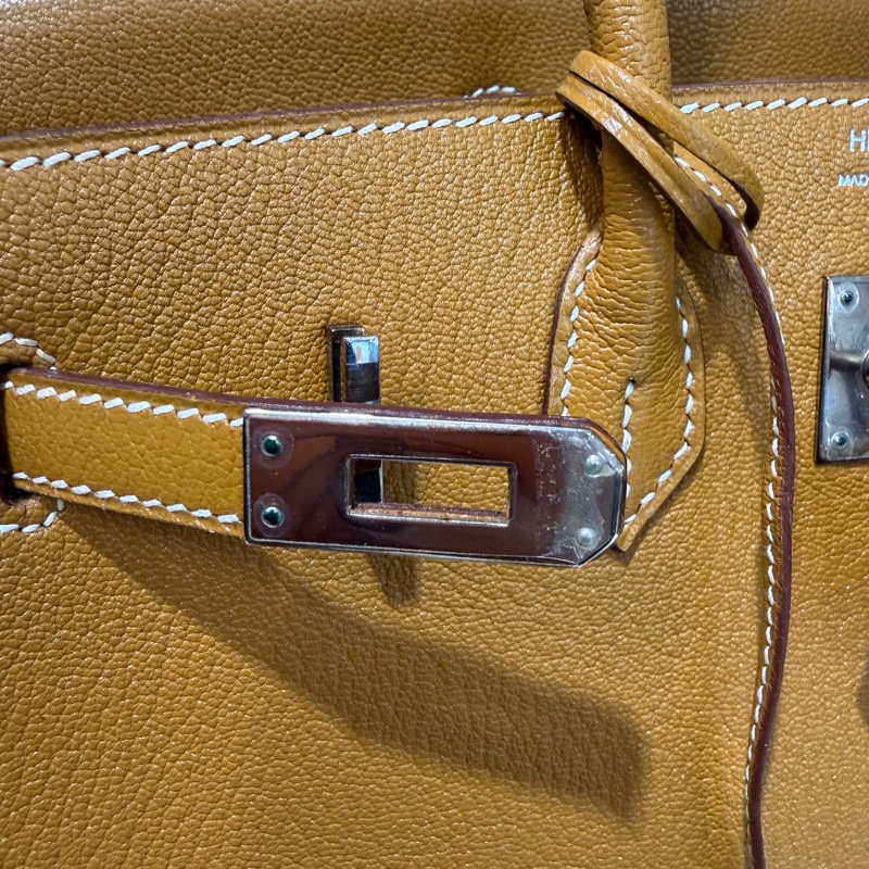 Hermes 黃褐色山羊皮Birkin25銀釦手提柏金包-5