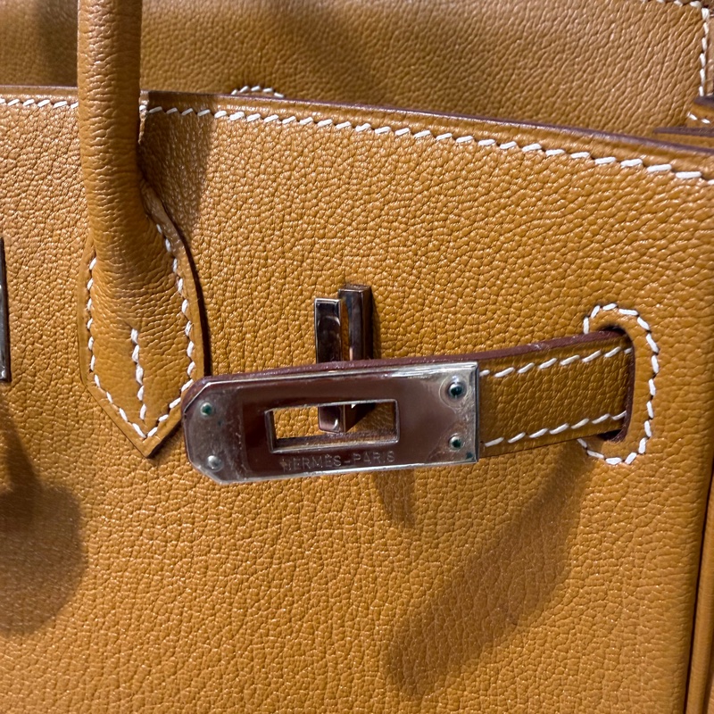 Hermes 黃褐色山羊皮Birkin25銀釦手提柏金包-6