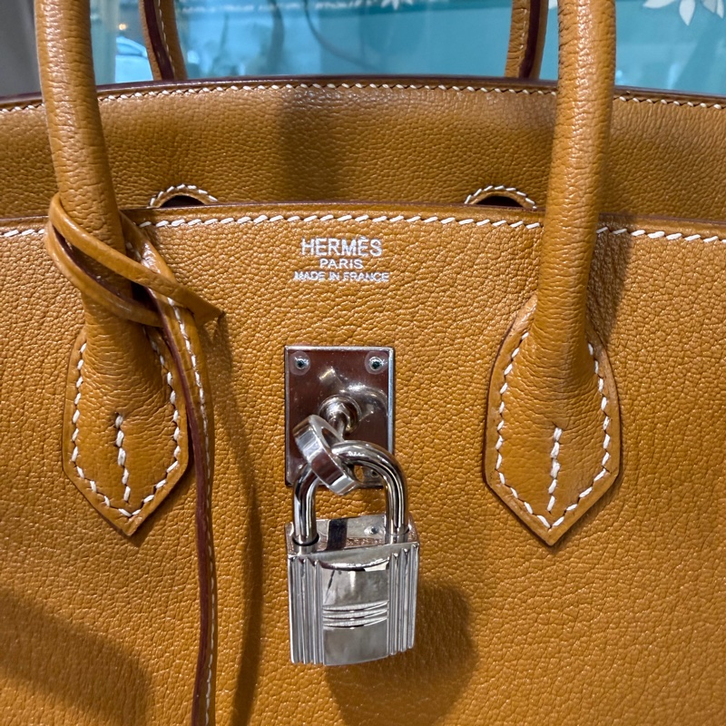Hermes 黃褐色山羊皮Birkin25銀釦手提柏金包-7