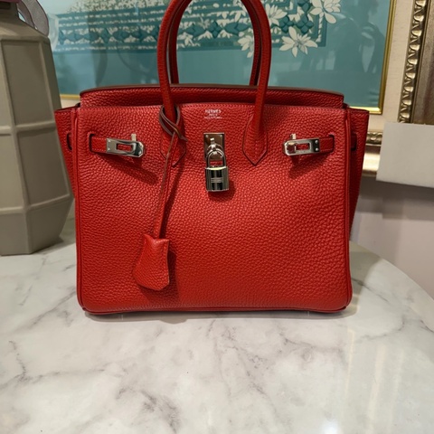 Hermes 玫紅色T/C皮Birkin25銀釦手提柏金包