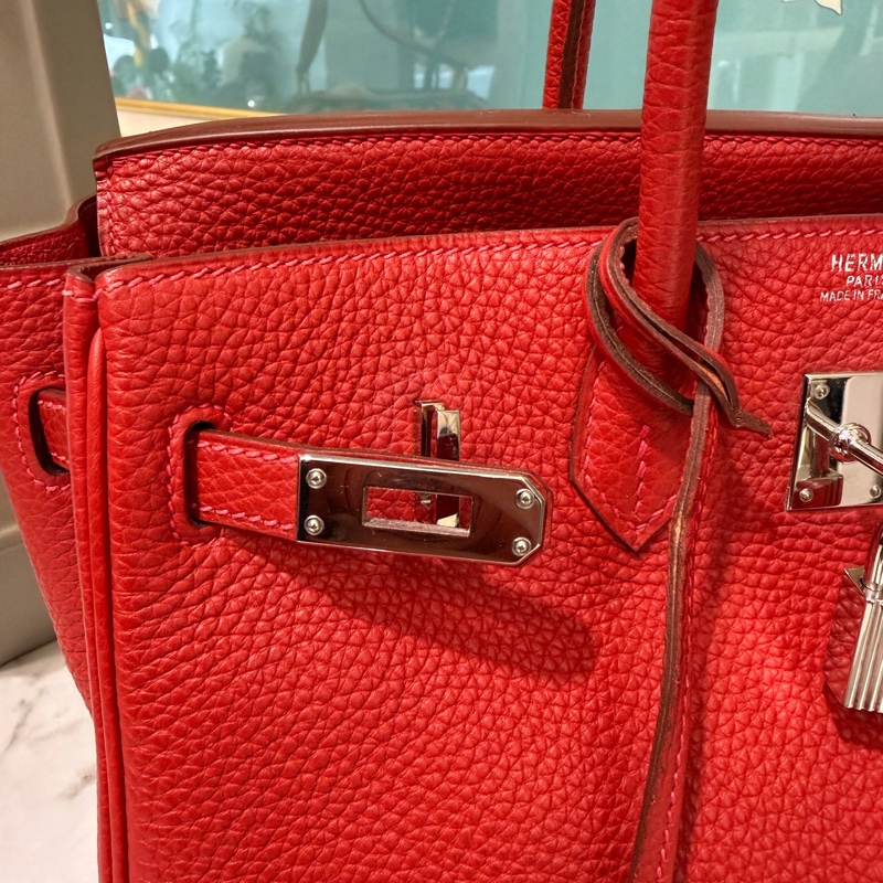Hermes 玫紅色T/C皮Birkin25銀釦手提柏金包-5