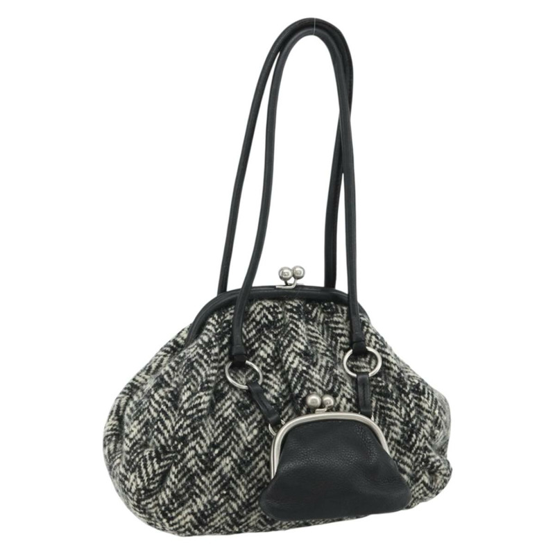【日本直送】Miu Miu 黑色銀色斜紋軟呢單肩包 正品 179013A-0
