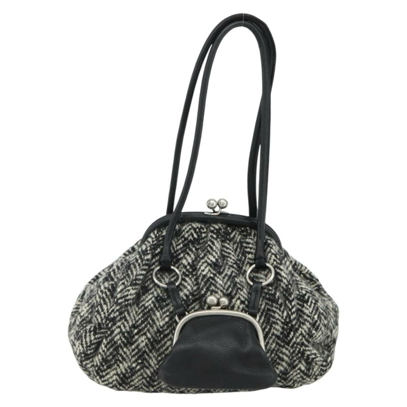 【日本直送】Miu Miu 黑色銀色斜紋軟呢單肩包 正品 179013A-12
