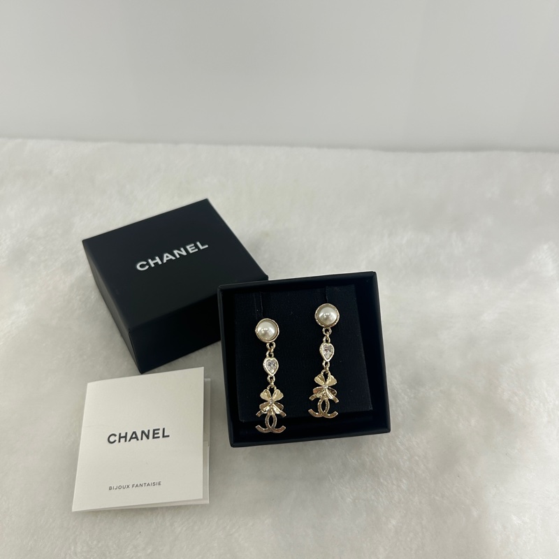 Chanel 珍珠水鑽愛心四葉草耳環-1