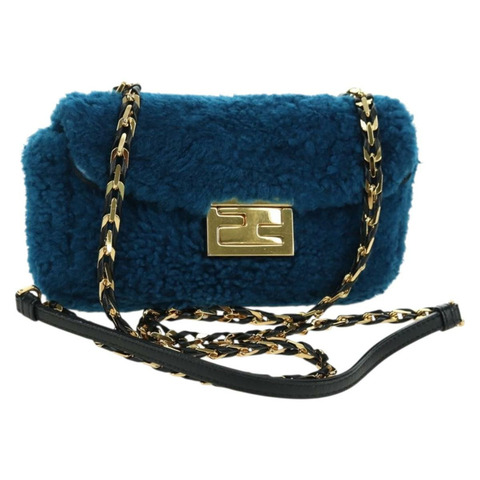FENDI 鏈條迷你水桶肩背包 羊毛藍 金色 正品 177110A