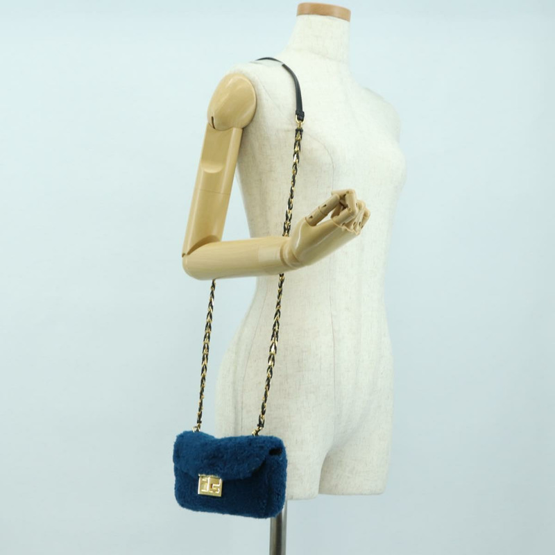 【日本直送】FENDI 鏈條迷你水桶肩背包 羊毛藍 金色 正品 177110A-22