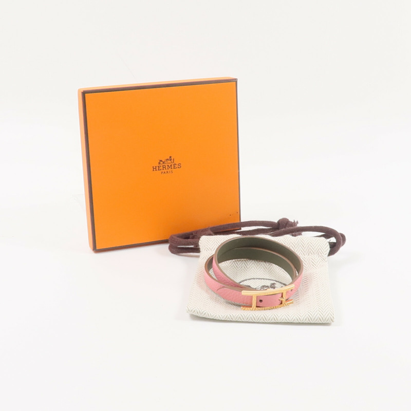 HERMES Epsom皮革Behapi Double Tour Bracelet手帶Rose Lipstick-9