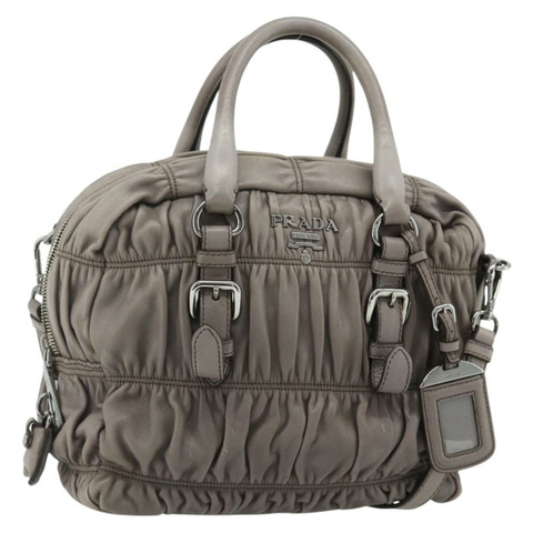 PRADA 褶皺手提包 皮革 兩用 灰色/銀色 正品 178080A