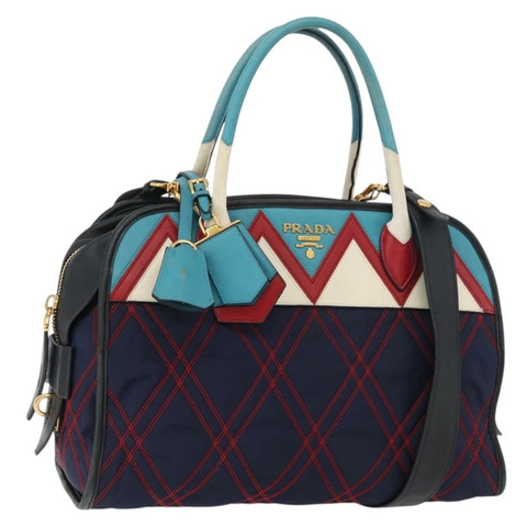 PRADA 圖案絎縫手提包 皮革尼龍 2way 海軍藍 金色 Auth 177317A