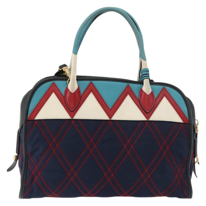 【日本直送】PRADA 圖案絎縫手提包 皮革尼龍 2way 海軍藍 金色 Auth 177317A-1