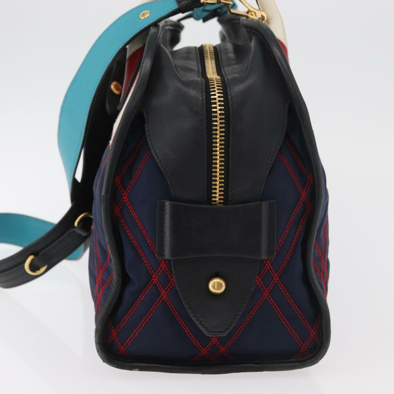 【日本直送】PRADA 圖案絎縫手提包 皮革尼龍 2way 海軍藍 金色 Auth 177317A-2