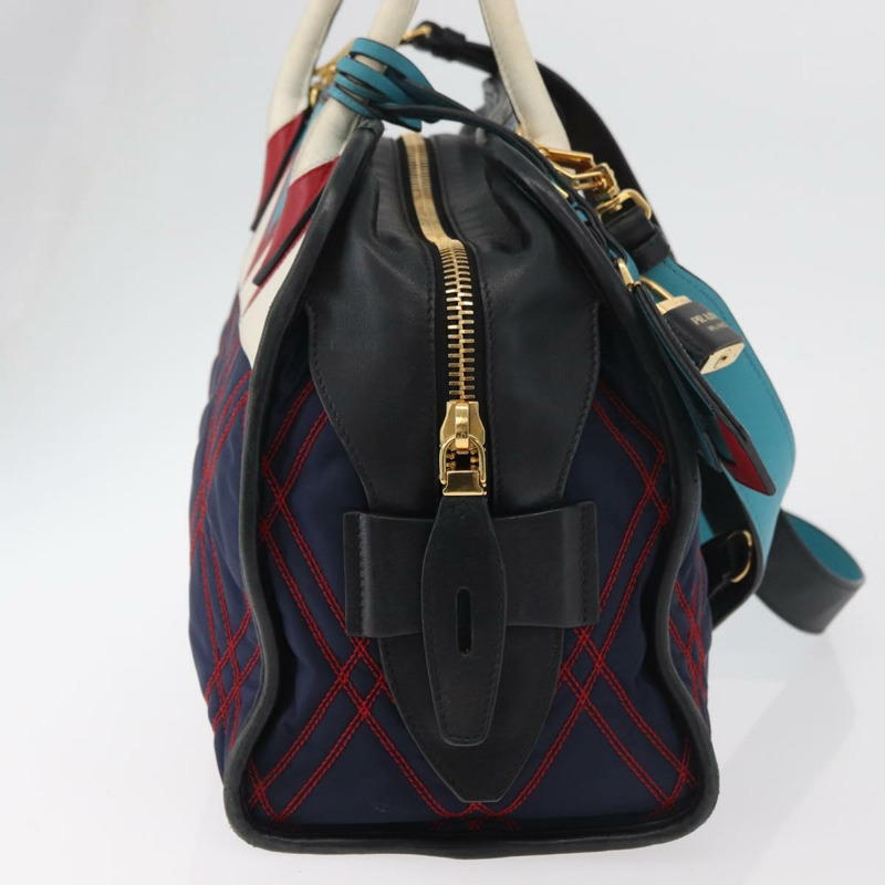 【日本直送】PRADA 圖案絎縫手提包 皮革尼龍 2way 海軍藍 金色 Auth 177317A-3