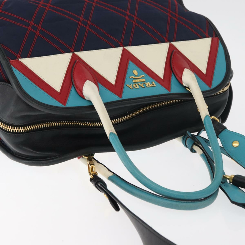 【日本直送】PRADA 圖案絎縫手提包 皮革尼龍 2way 海軍藍 金色 Auth 177317A-5