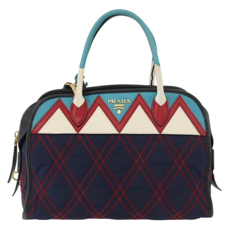 【日本直送】PRADA 圖案絎縫手提包 皮革尼龍 2way 海軍藍 金色 Auth 177317A-12