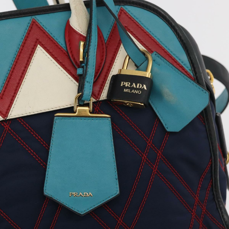 【日本直送】PRADA 圖案絎縫手提包 皮革尼龍 2way 海軍藍 金色 Auth 177317A-17